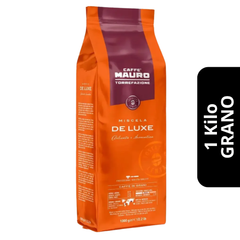 Caffè Mauro De Luxe en grano 1 kg — blend 70% arábica y 30% robusta, intensidad 7, notas de cacao y frutales