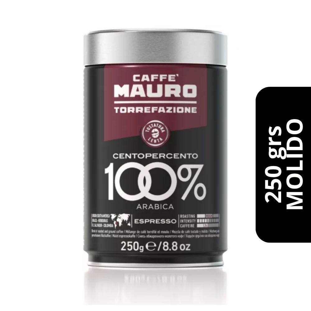 Café Caffè Mauro 100% Arábica Molido en Lata 250g — intensidad 5, notas cítricas y florales, envase hermético