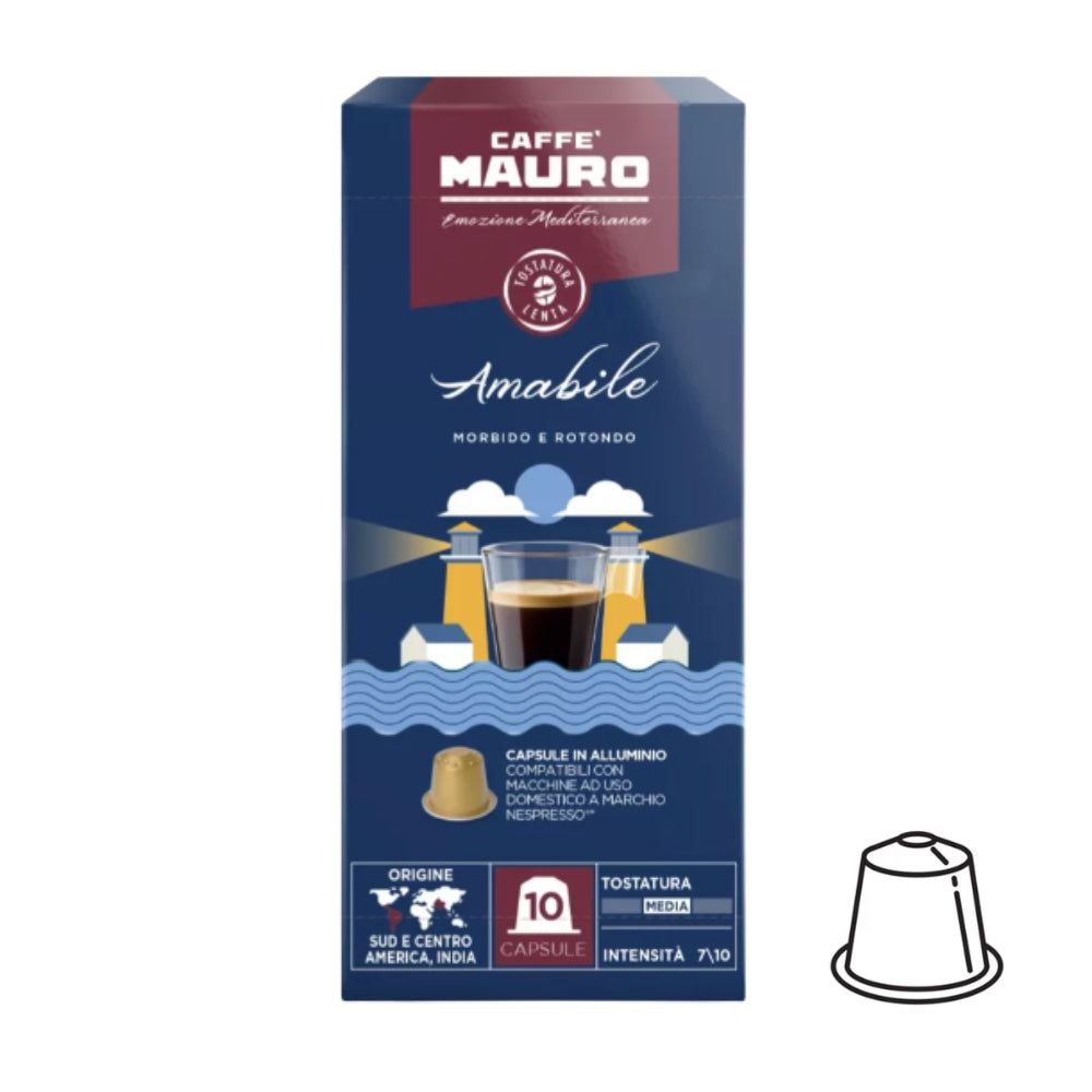Cápsulas Mauro Amabile para Nespresso® — blend arábica y robusta, intensidad 7, suave y redondo