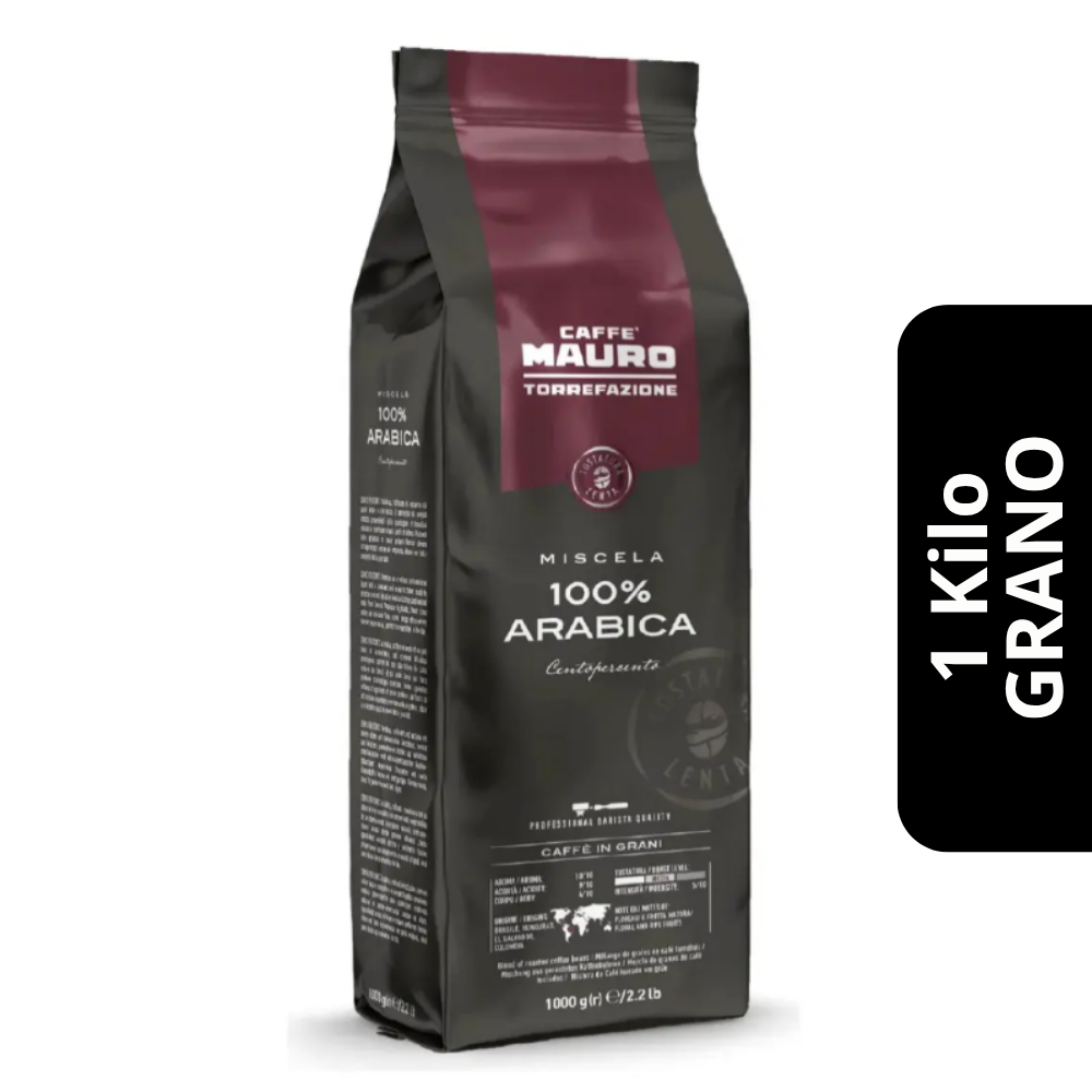 Caffè Mauro 100% Arábica en grano 1 kg — blend de América Central y Sudamérica, intensidad 5/10, dulce y frutado