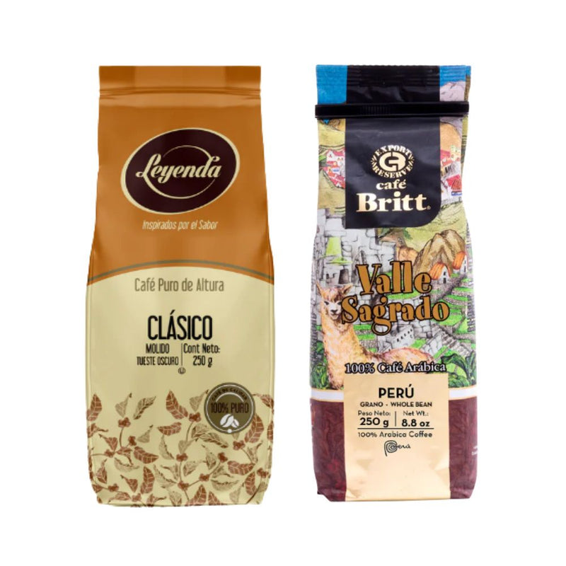 Duo Café Britt Perú Molido — Leyenda Puro de Altura y Valle Sagrado, 250g cada uno, 100% arábica peruano