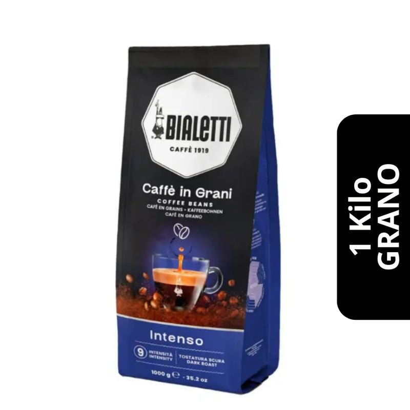 Café Bialetti Intenso en Grano 1kg — blend 30% arábica y 70% robusta, intenso