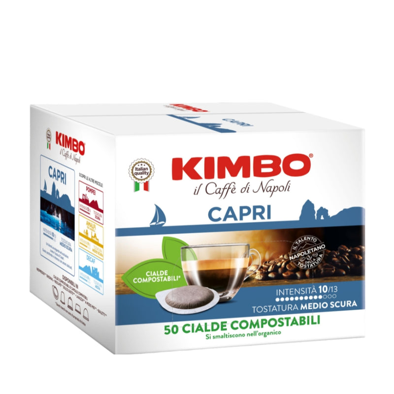 Kimbo 50 Pods Capri Compostables E.S.E — espresso napolitano suave y aromático, sostenible