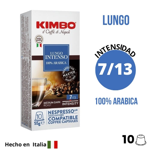 Cápsulas Kimbo Lungo para Nespresso — aroma suave, acidez baja y cuerpo profundo