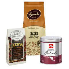 Pack Café Molido 500g — tres orígenes distintos: Guatemala, Kenya y blend italiano